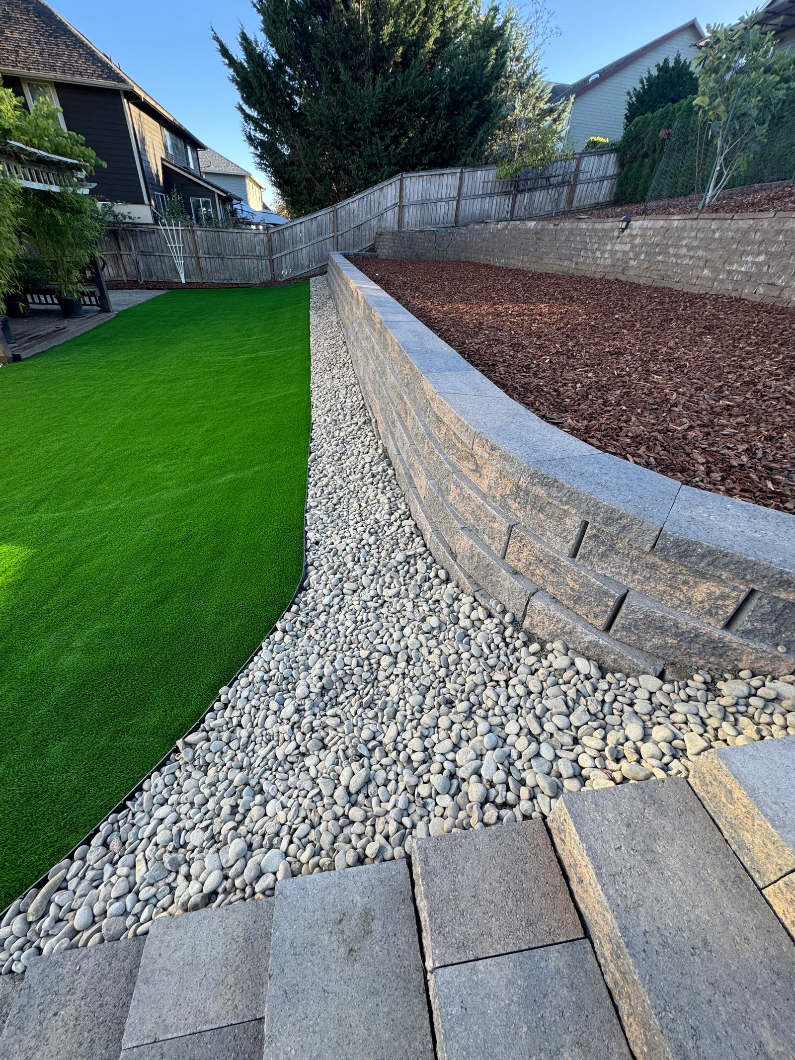 Gray paver patio with white river rock border, retaining wall, artificial turf, and mulch landscaping