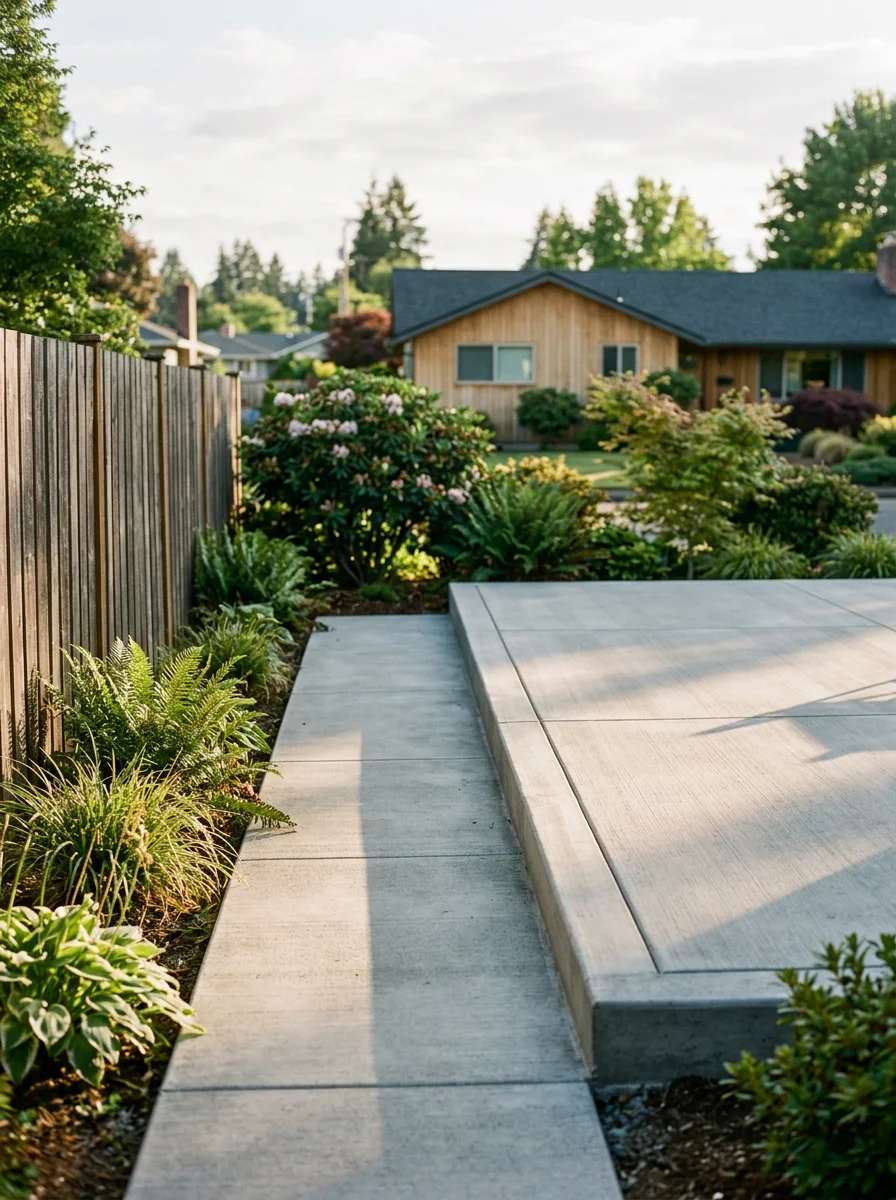 Mid-century ranch home with concrete patio and deck in Lafayette residential neighborhood