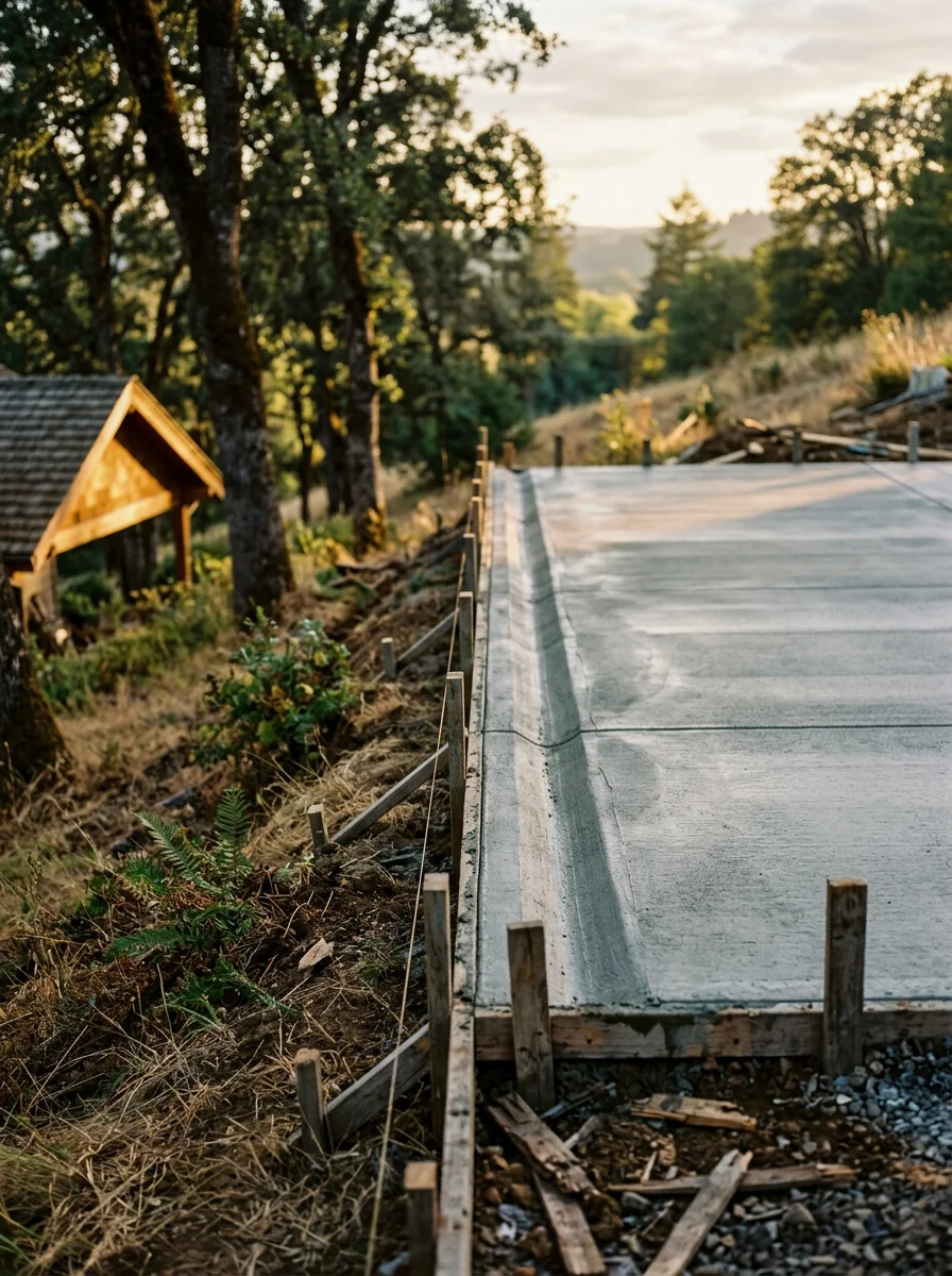 New concrete slab installation on sloping McMinnville property with proper drainage grading