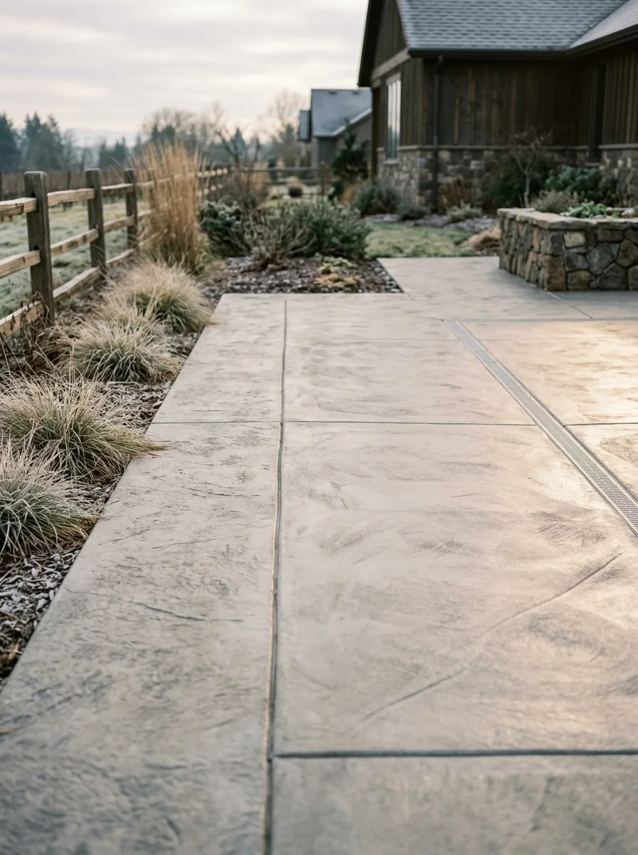 Finished concrete patio with proper slope and drainage in Newberg wine country home, winter-ready finish visible