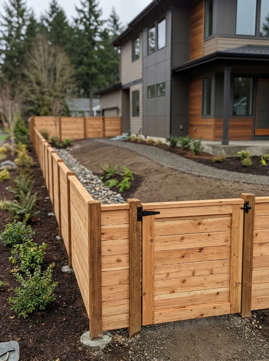Custom wood fence and gate installation on newer Sherwood home lot with proper drainage grading for wet winters