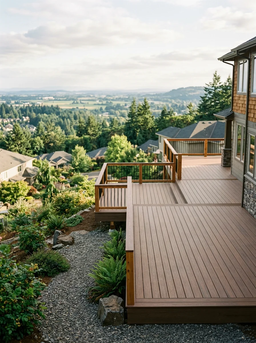 Multi-level composite deck on Tigard hillside home with territorial valley views and custom wood railing