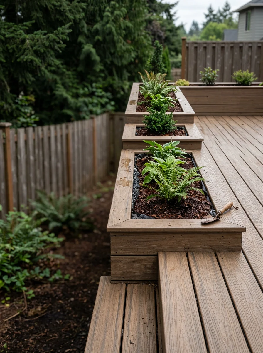 Composite deck with integrated planter boxes overlooking Tualatin backyard, showing proper drainage and seasonal maintenance