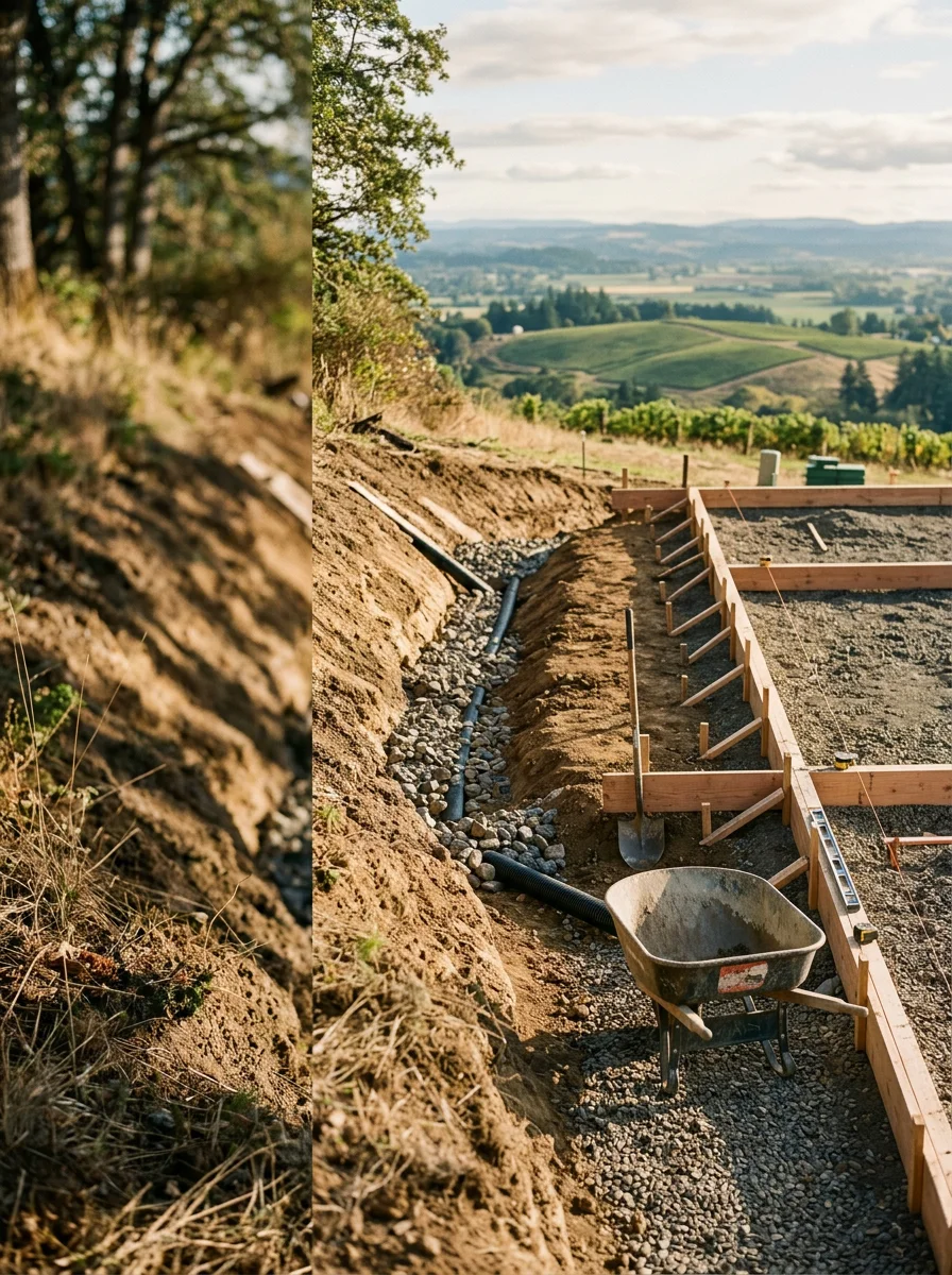 Deck construction on sloped Yamhill County property overlooking Willamette Valley, showing site preparation and drainage work