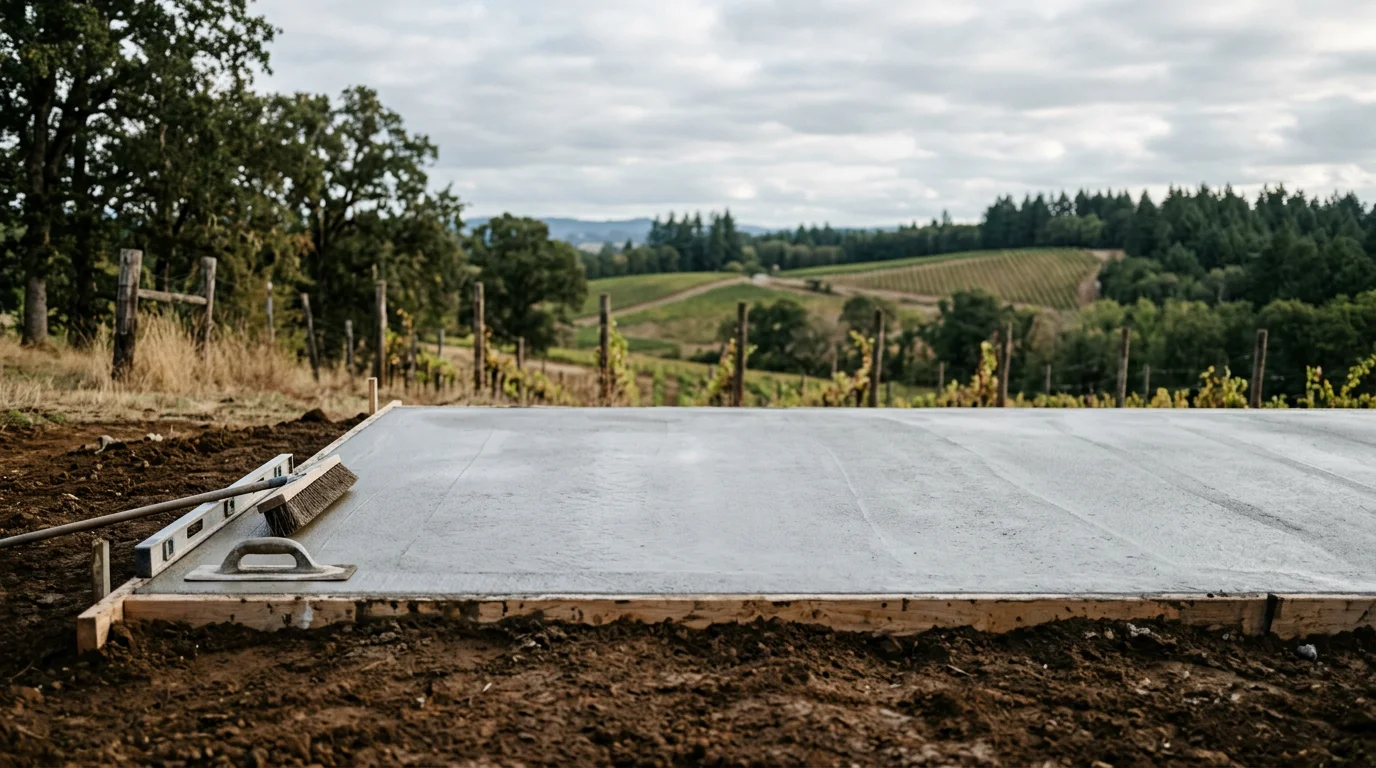 Concrete slab installation on Jory clay soil in Yamhill County wine country, with vineyard hills in background