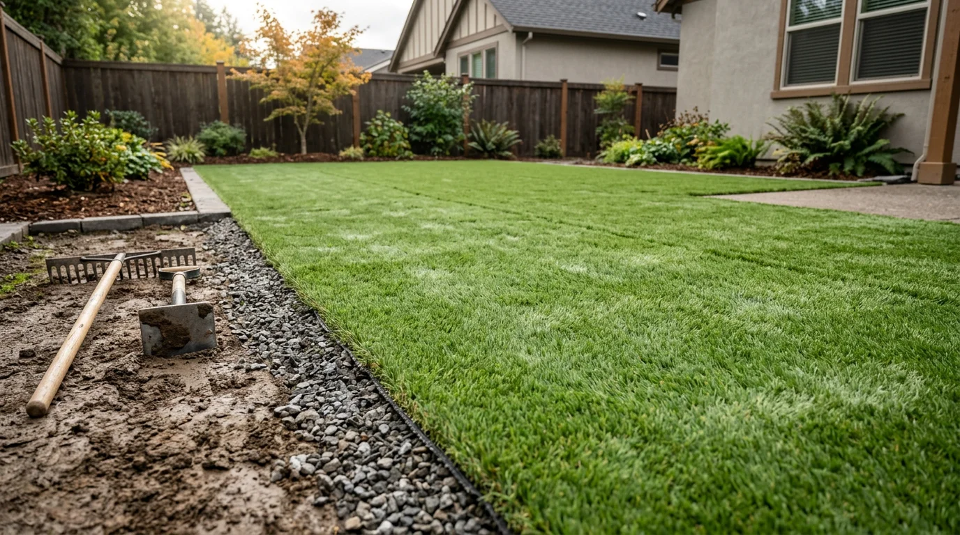 Freshly installed artificial turf covering a residential backyard in Tigard, Oregon, with clean edge borders and an even green surface. The lawn shows no bare patches or seam gaps, typical of a carefully finished installation in a Pacific Northwest home setting.