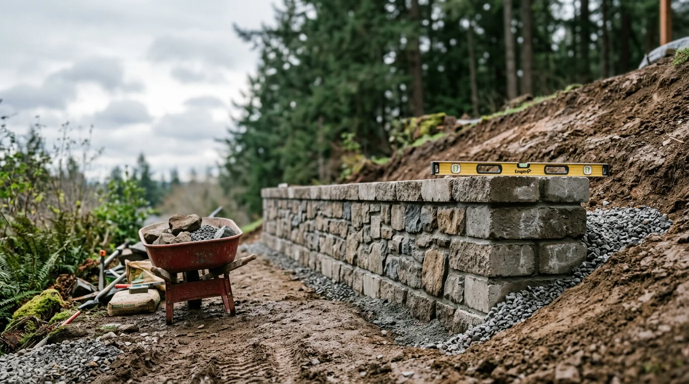 A finished block and stone retaining wall on a sloped residential property in Tigard, Oregon, with clean coursework and a level planting area behind it. The wall shows tight construction along a clay-soil hillside typical of the Tigard area.
