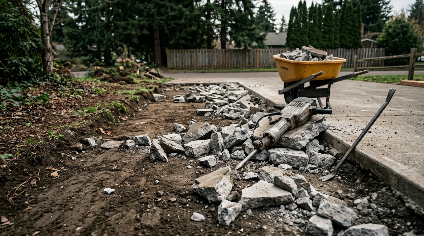A residential property in Tigard, Oregon after concrete patio demolition, showing a cleared and leveled outdoor area with broken concrete removed and surrounding landscaping intact.