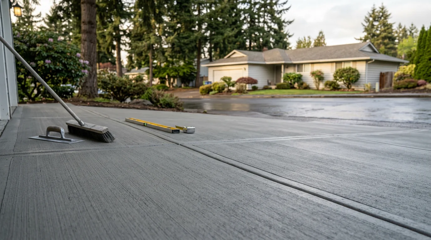 Freshly finished concrete patio surface with a clean broom texture in a residential backyard in Tigard, Oregon. The flatwork shows straight edges, visible control joints, and a slight slope away from the home's foundation.