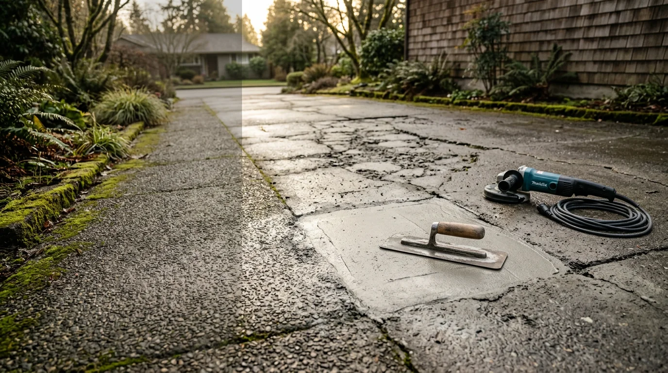 Repaired concrete driveway surface in a Tigard, Oregon residential neighborhood, showing restored flatwork with no visible cracks or spalling. Close-up view of smooth, patched concrete next to an intact section of the original slab.