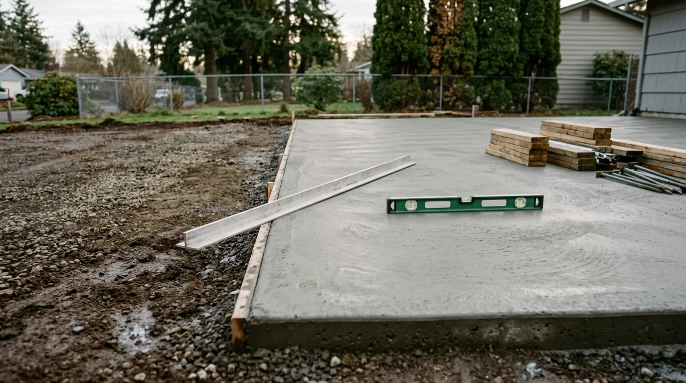A freshly poured and finished concrete slab in a Tigard, Oregon residential backyard, showing smooth surface, clean edges, and proper grading away from the home's foundation.