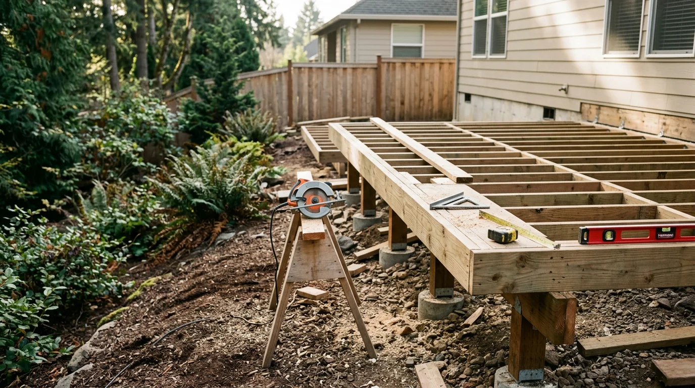 A custom-designed backyard deck on a Tigard, Oregon home, featuring a raised platform with clean railing lines set against a landscaped yard. The structure is sized and positioned to match the home's exterior and the natural slope of the lot.