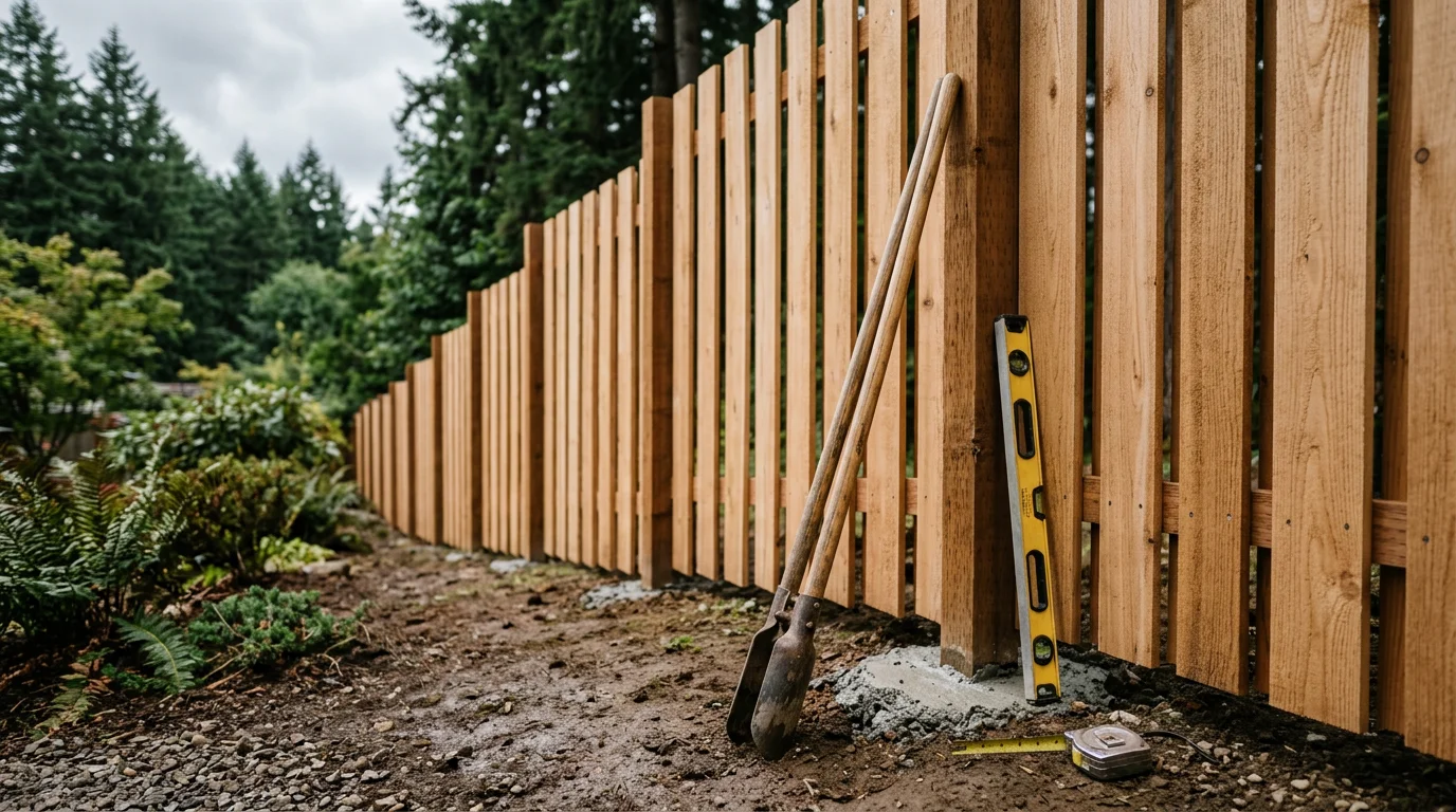 A custom wood privacy fence with a matching gate installed in a residential backyard in Tigard, Oregon. The fence boards are evenly spaced and level, with a solid post-and-frame gate centered along the fence line.