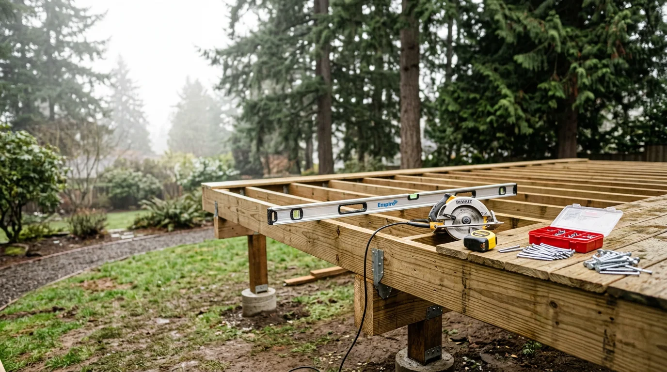 A newly constructed wood deck attached to the back of a residential home in Tigard, Oregon, with clean framing and a finished surface ready for outdoor use. The deck overlooks a landscaped backyard typical of homes in the Tigard and Tualatin area.