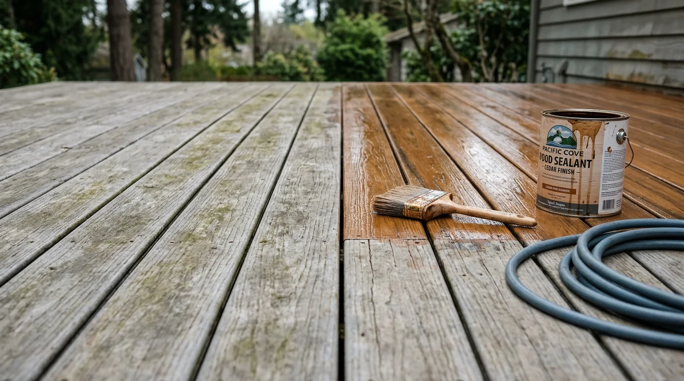 A freshly finished wood deck on a Tigard, Oregon home, showing even stain coverage across boards and railings with no peeling or gray weathering. The surface appears clean and protected against the Pacific Northwest's wet climate.