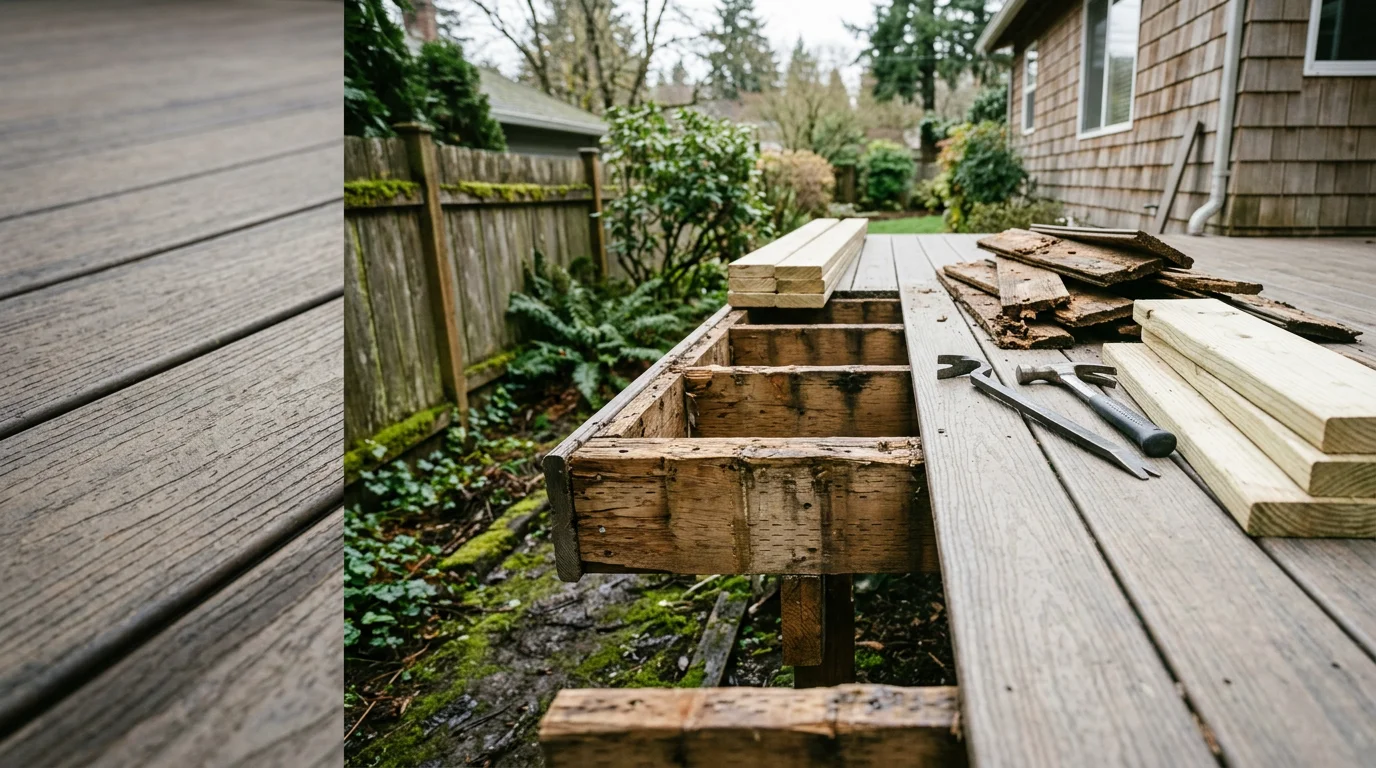 A repaired wood deck on a Tigard Oregon home showing replaced boards and reinforced railings after moisture damage restoration. Close view of solid, even deck surface with no visible rot or warping.