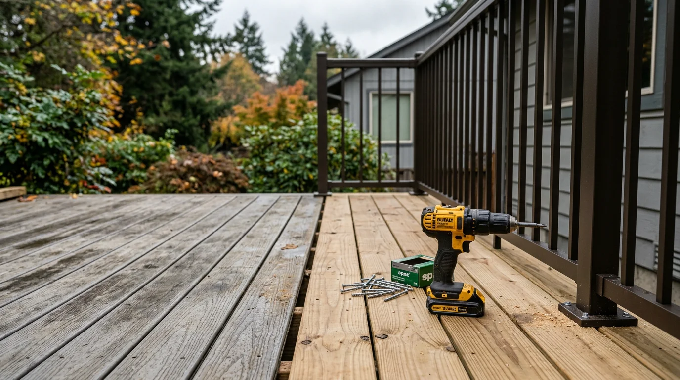 Upgraded backyard deck on a Tigard Oregon home showing new decking boards and updated railing system. The outdoor space is clean, level, and ready for use after a professional deck upgrade by Linda Casa Landscaping LLC.