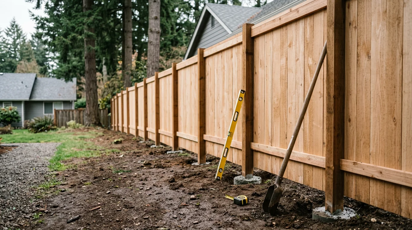 A newly installed wood privacy fence along the backyard boundary of a residential property in Tigard, Oregon. The fence posts are set straight and the panels are evenly aligned, with mature Pacific Northwest landscaping visible in the background.