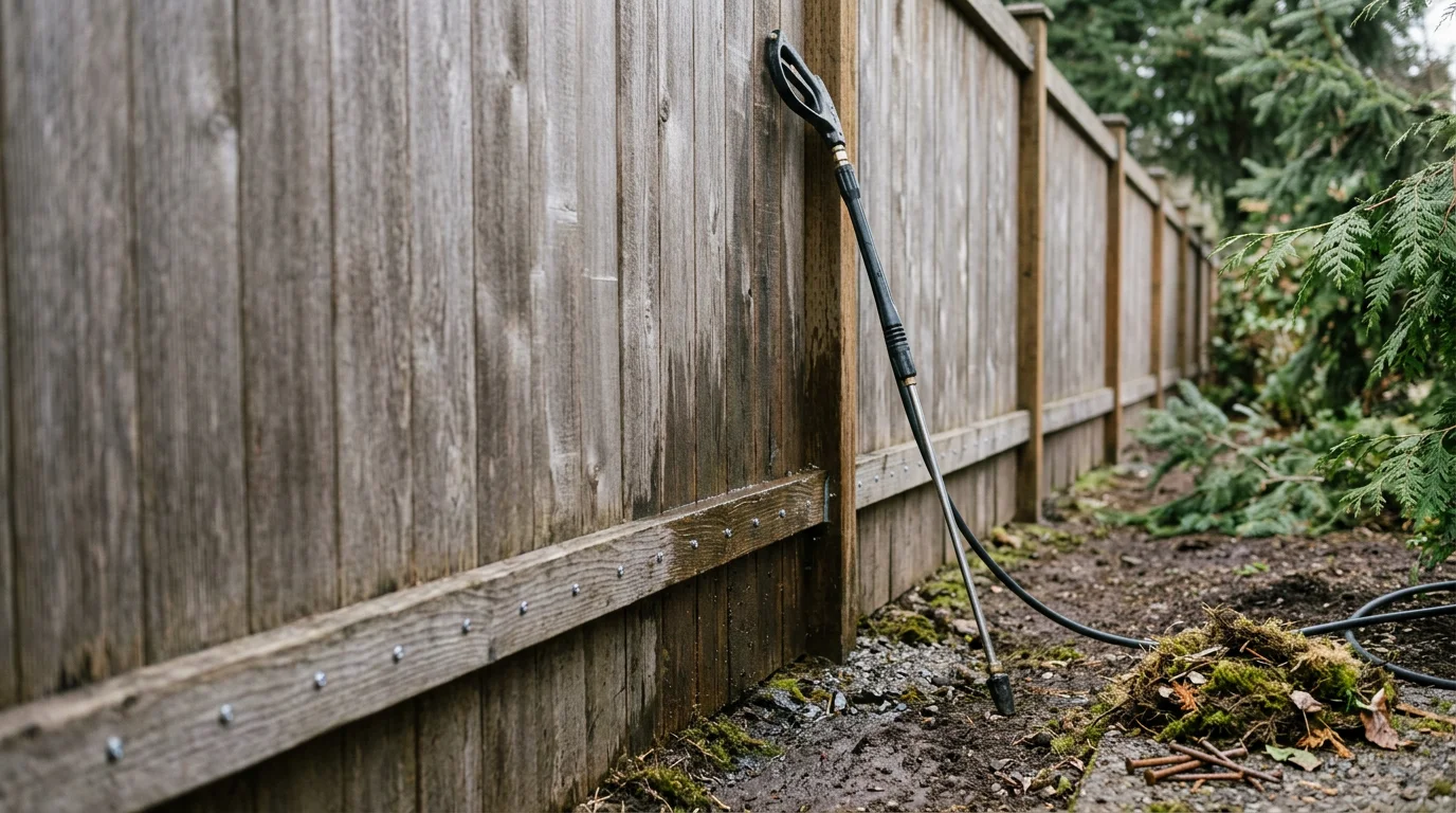 A well-maintained wood privacy fence along a residential property in Tigard, Oregon, with clean boards, clear vegetation setback, and tight hardware visible along the fence line.