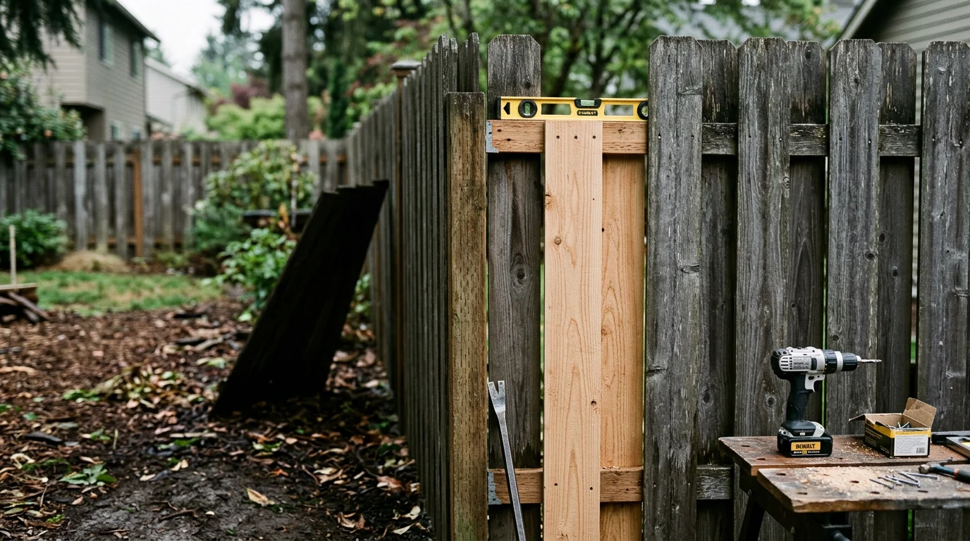 A repaired wood privacy fence in a Tigard residential backyard, showing straight posts and replaced boards alongside the existing weathered fence sections. Close-up detail of the repaired rail and post connection at ground level after a Linda Casa Landscaping LLC fence repair service.