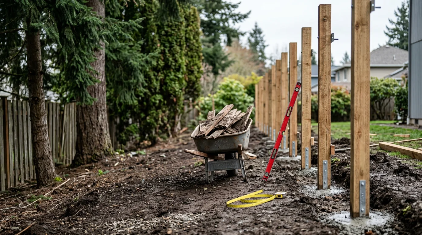 A newly replaced wood privacy fence along the backyard property line of a residential home in Tigard, Oregon. The old fence has been fully removed and a straight, clean fence line now defines the yard.