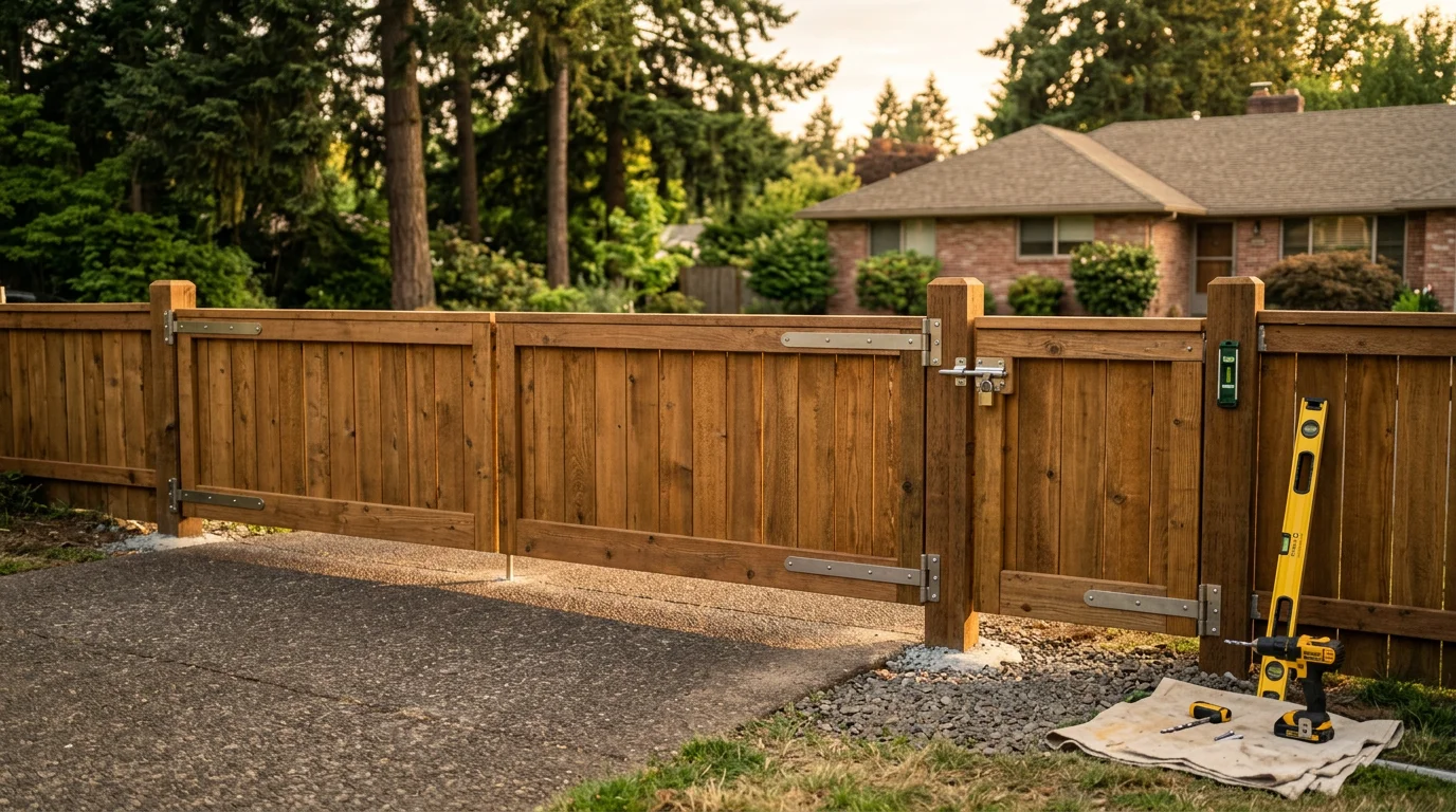 A newly installed wooden walk gate set into a privacy fence at a residential property in Tigard, Oregon. The gate is plumb, hardware is secured, and the latch is closed against a clean fence line.