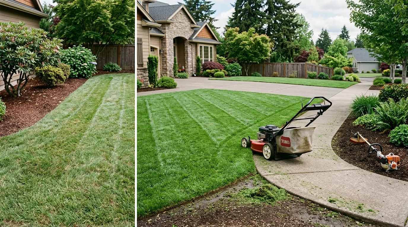 A neatly mowed and edged residential lawn in Tigard, Oregon, with clean turf lines along a concrete walkway. A landscaper from Linda Casa Landscaping LLC inspects the finished grass surface before completing the visit.