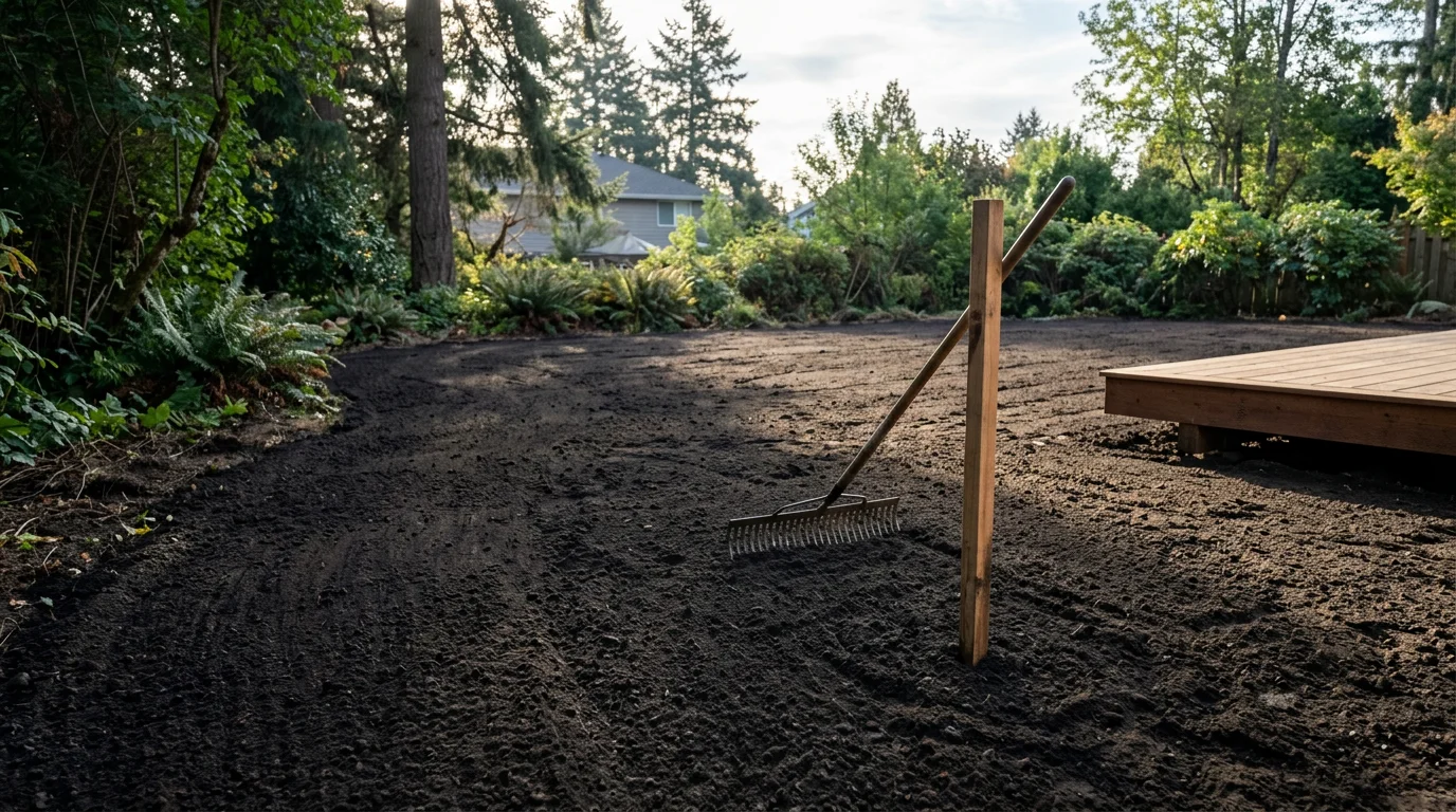 A Tigard backyard with cleared, graded, and leveled bare soil ready for new sod installation. The ground is smooth and free of debris, showing completed lawn preparation work by Linda Casa Landscaping LLC.