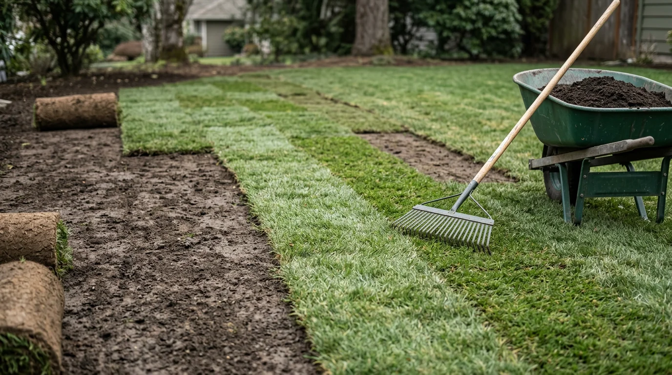 A repaired residential lawn in Tigard, Oregon showing an even, green grass surface with no bare patches or worn areas. A landscaper from Linda Casa Landscaping LLC inspects the restored turf in a Pacific Northwest backyard setting.