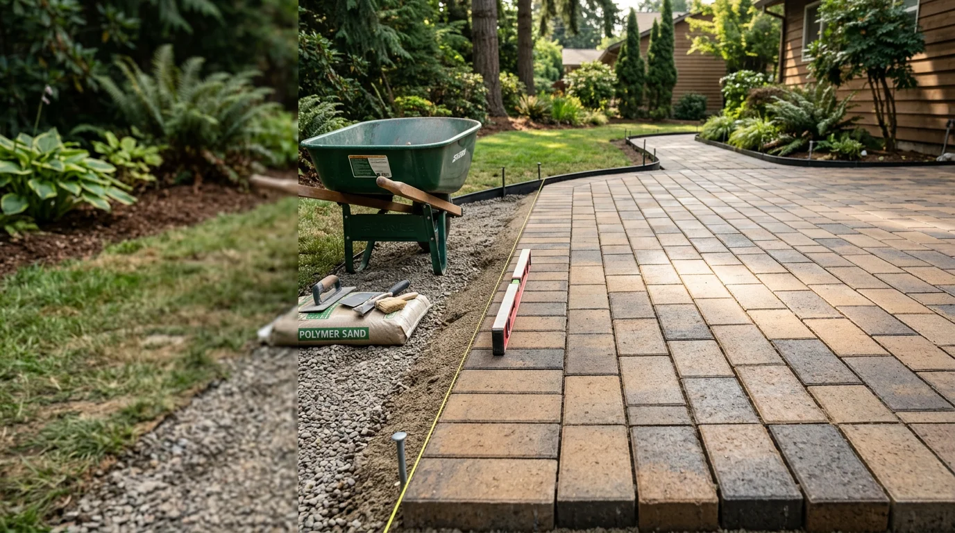 A finished paver patio in a Tigard, Oregon backyard with a defined dining area and clean layout lines. The surface is level and set against a residential yard typical of the Pacific Northwest.