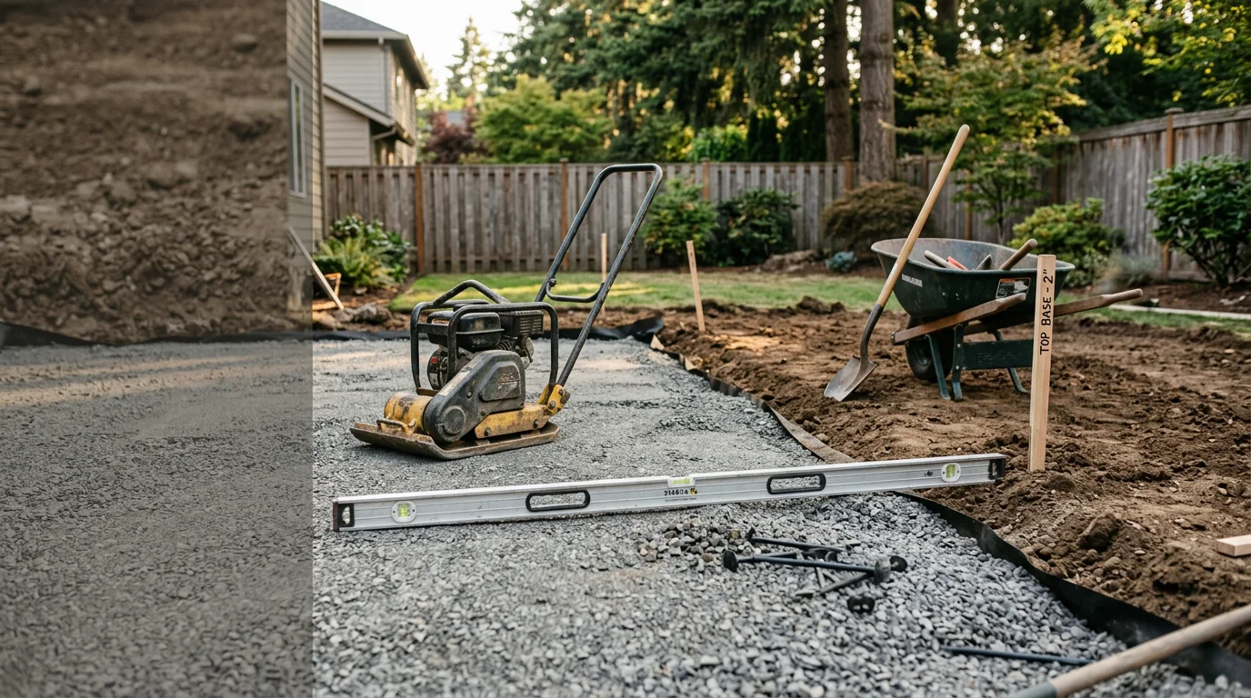 Completed paver patio installation in a McMinnville, OR backyard, showing a level stone surface with tight joints and clean edges set against a residential lawn. The patio extends from the back of the home and is surrounded by landscaped garden beds.