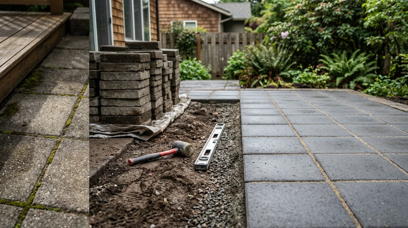 Freshly repaired paver patio in McMinnville, OR with re-leveled and reset pavers sitting flat and even on a corrected base. Close view shows tight, uniform joints and a smooth surface ready for outdoor use.