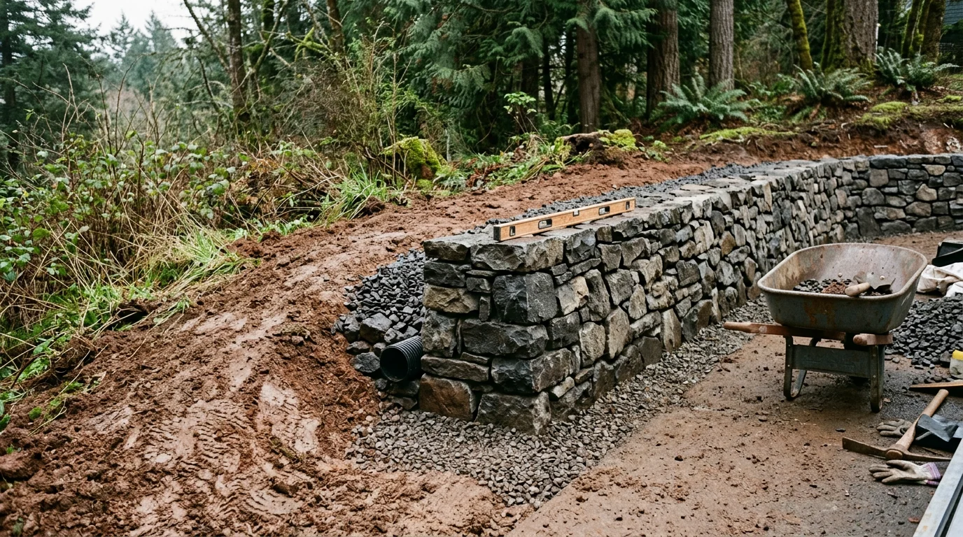 A newly installed retaining wall holding back a sloped backyard on a residential property in Tigard, Oregon. The wall creates a level planting area above and a clean edge along the lower yard.