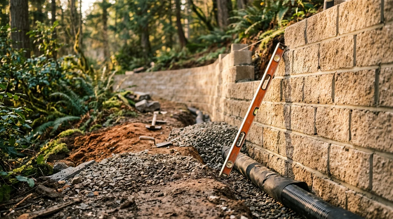 A repaired stone retaining wall on a sloped residential property in Tigard, Oregon, with stable soil behind it and a level yard above. Close view shows realigned blocks and clean drainage at the base of the wall.