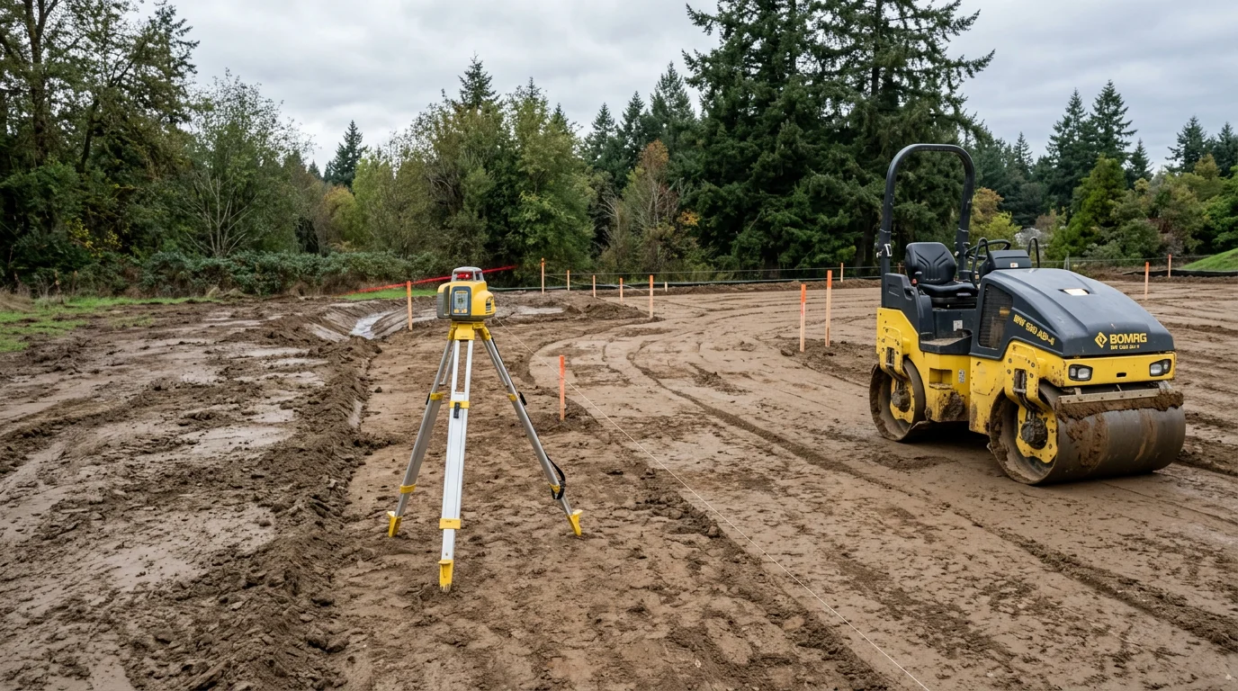 A freshly graded and compacted soil base at a residential property in Tigard, Oregon, prepared for a concrete pour. The ground is level and clear, with visible grading work along the edges to direct drainage away from the site.