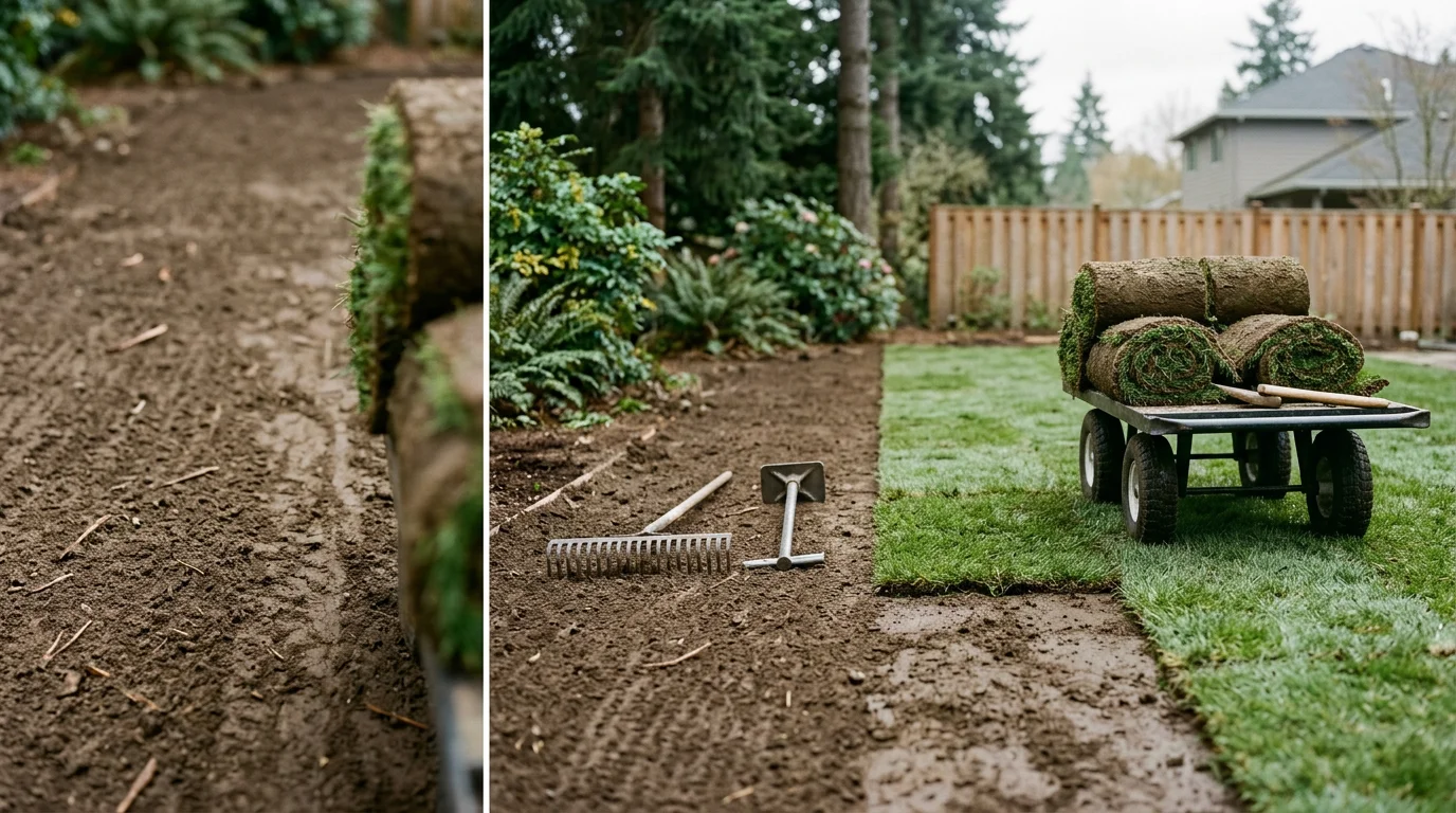 Freshly installed sod covering a residential backyard in Tigard, Oregon, with clean seams and a uniform green surface. A landscaper from Linda Casa Landscaping LLC inspects the finished lawn before project completion.