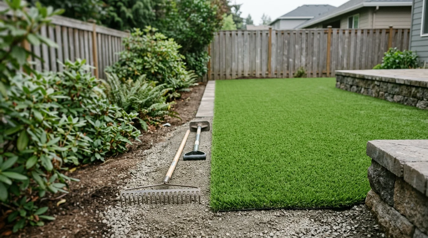 Freshly installed synthetic grass lawn at a residential property in Tigard, Oregon, showing a flat, evenly laid surface with clean edges along a patio border. The turf appears lush and green under overcast Pacific Northwest skies.