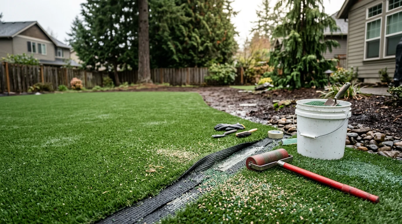 Close-up view of artificial turf being inspected and repaired in a Tigard, Oregon backyard, showing lifted seam edges being secured and infill being redistributed across the lawn surface.