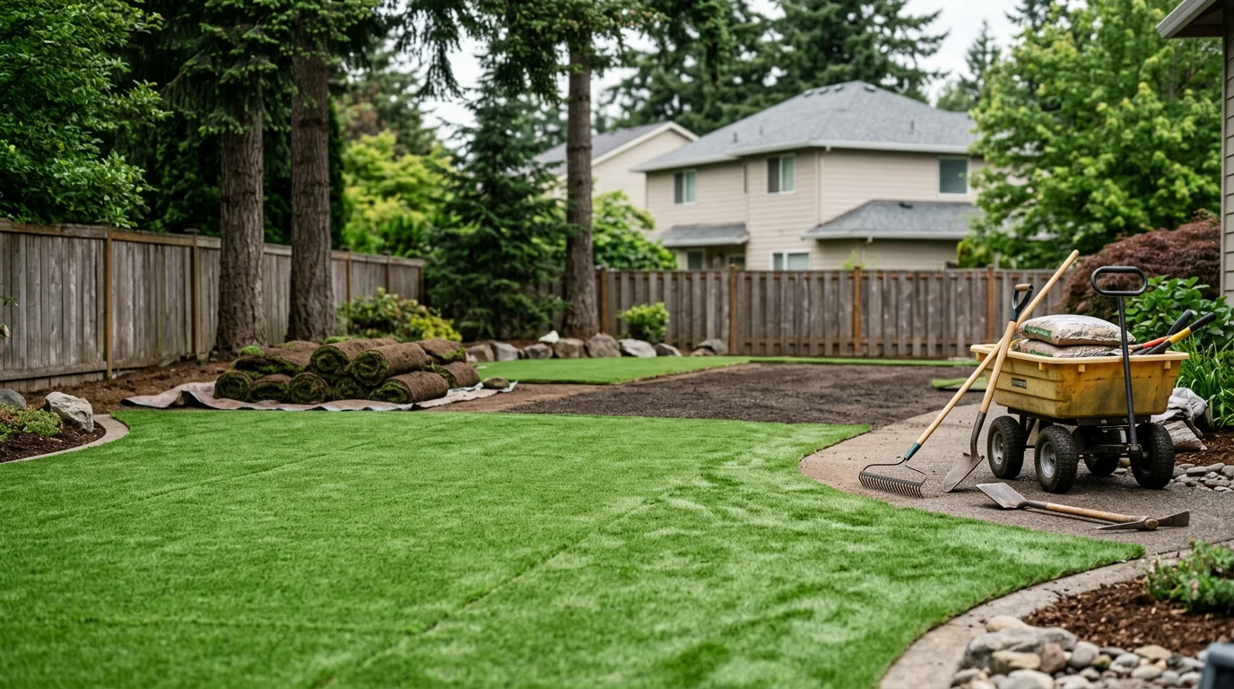 Freshly installed artificial turf in a Tigard residential backyard, replacing worn natural grass with a clean, even green surface. The finished lawn shows smooth edges and consistent color across the full yard area.